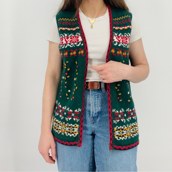 SOLD vintage fair isle cottagecore zip up sweater vest ramie cotton blend M - Picture 3 of 7